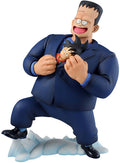 Figure of a character in a blue suit with a smaller character on the chest, standing on ice.