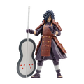 Action figure with a brown outfit and blue hair holding a weapon on a white background