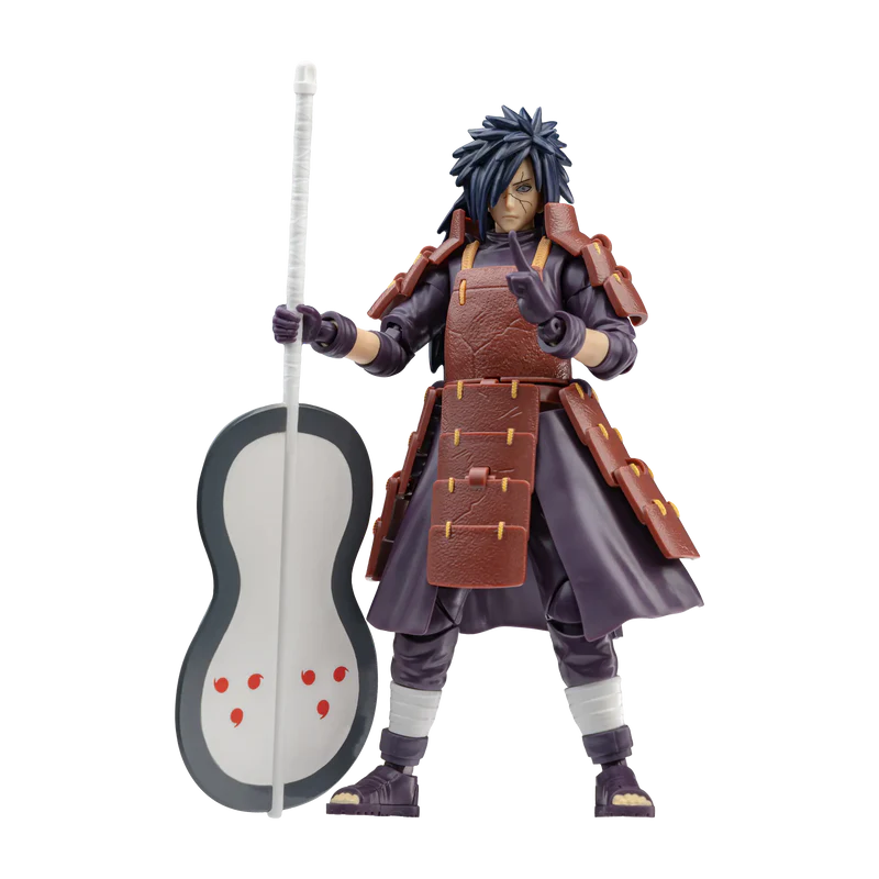Action figure with a brown outfit and blue hair holding a weapon on a white background