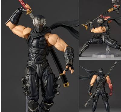 A ninja action figure shown in three views: a large front pose holding a sword, a side/lunge pose, and a back view with a staff. The figure has a black and gray armored suit, pale skin on the arms, a black mask, flowing black cape, and red accents on the sword handle and arm.