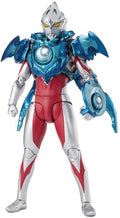 Action figure with blue, red, and silver armor on a white background