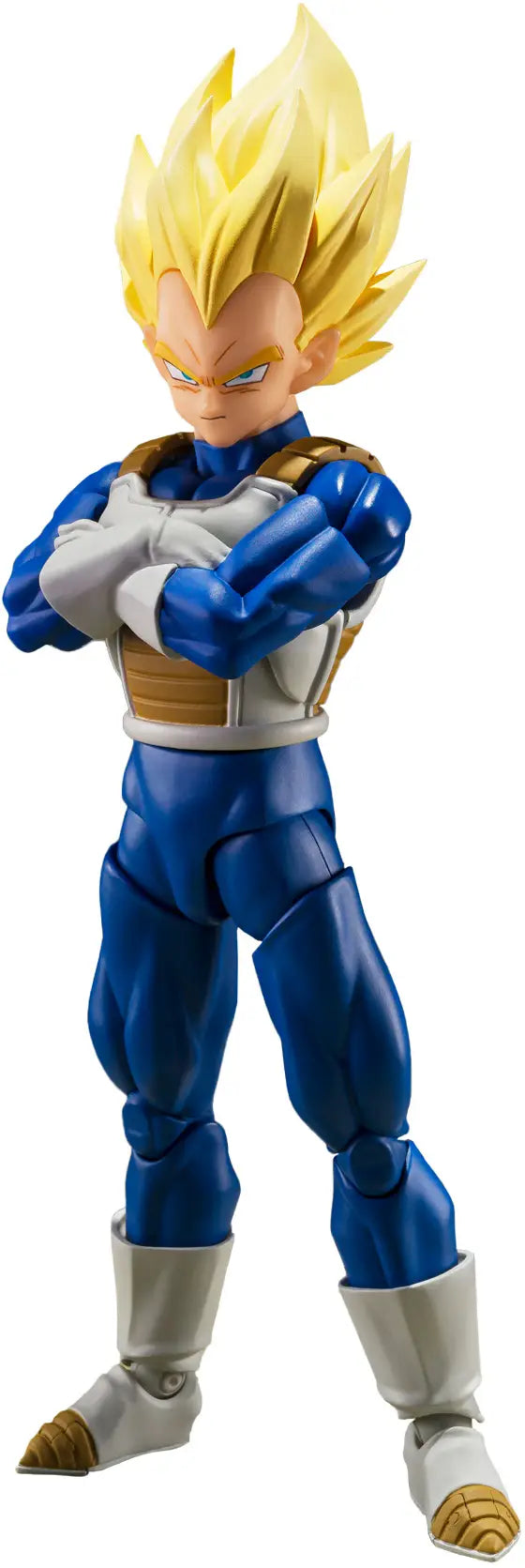 Super Saiyan Vegeta action figure in blue and gold outfit on a white background