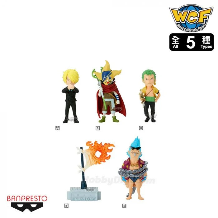Five mini anime figure collectibles from WCF World Champions Festival, featuring characters from one piece on a white background with brand logos.