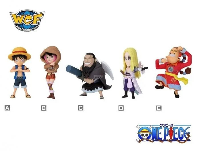Five One Piece WCF action figure characters shown side by side on a white background, labeled A through E, with the WCF logo at top left and the One Piece logo at bottom right.