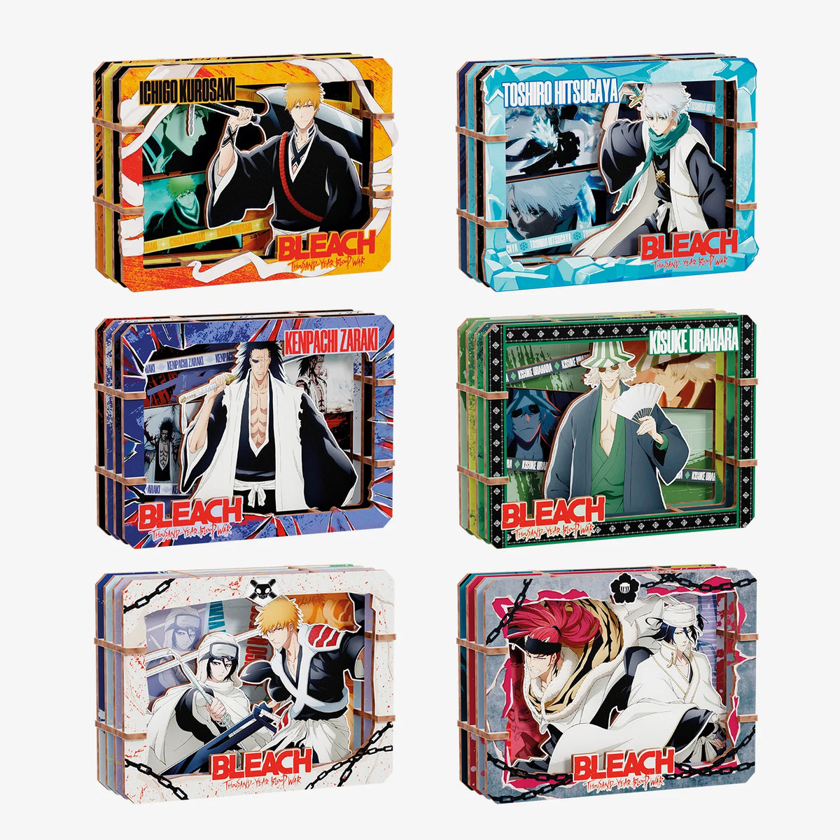 Six Bleach character metal tins arranged in a 2x3 grid on a plain white background. Each tin features a different anime character illustration with the word BLEACH prominently printed on the front.