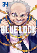 Front cover of the manga volume 'Blue Lock' volume 34, featuring a close-up illustration of the character Tanjiro with white hair, a wide grin, and a blue suit, surrounded by a chain of gold coins. The title 'BLUE LOCK' is printed in large white letters across the bottom.