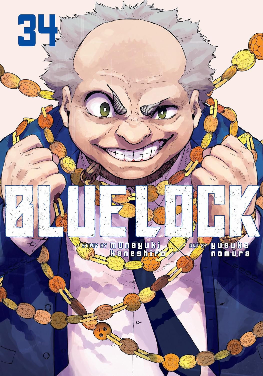 Front cover of the manga volume 'Blue Lock' volume 34, featuring a close-up illustration of the character Tanjiro with white hair, a wide grin, and a blue suit, surrounded by a chain of gold coins. The title 'BLUE LOCK' is printed in large white letters across the bottom.