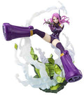 Action figure with purple outfit and boots on a white background