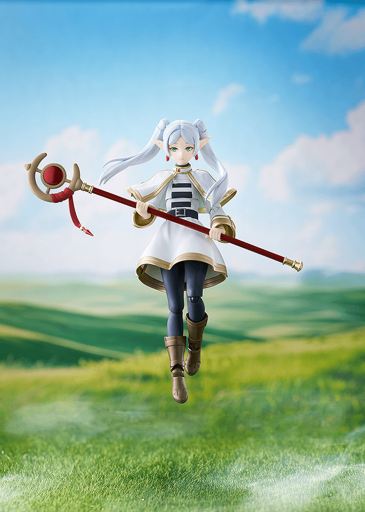 Frieren Floating with staff in hand.