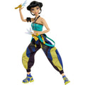 Doll in colorful outfit with weapons on a white background