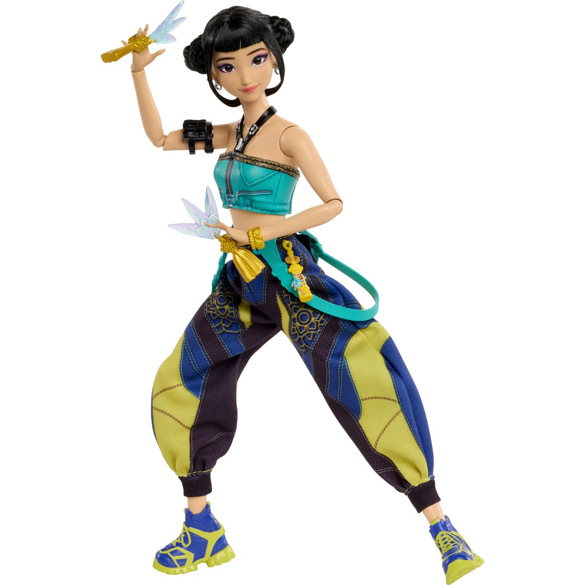 Doll in colorful outfit with weapons on a white background