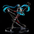 Anime character figurine with blue hair and black outfit on a black background