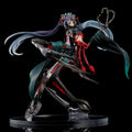 Figurine of a character with long hair and a weapon on a black background