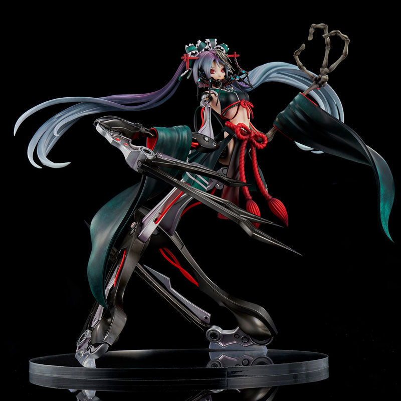 Figurine of a character with long hair and a weapon on a black background
