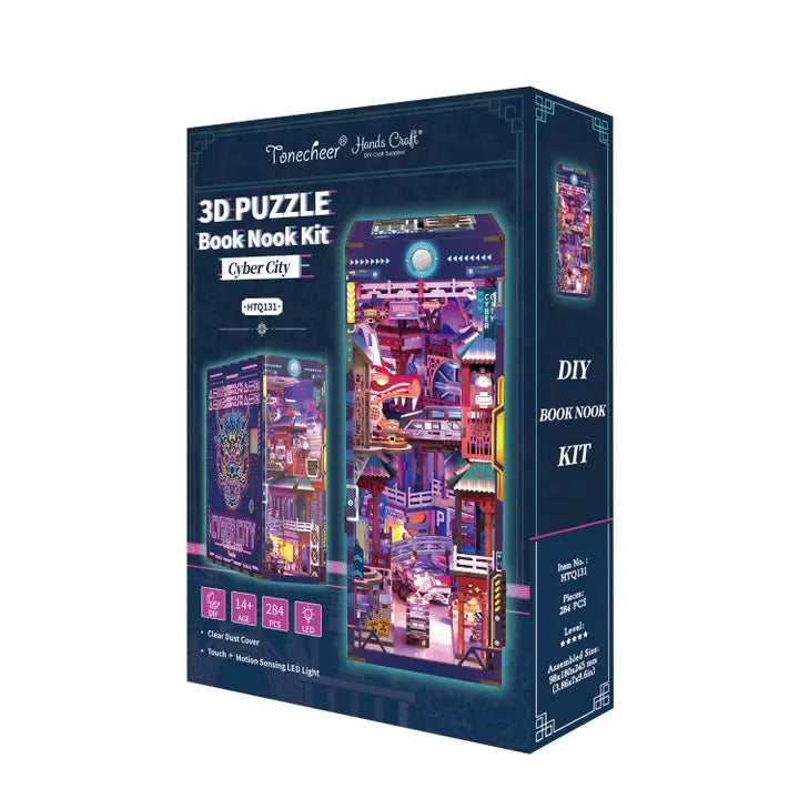 A 3D puzzle book nook kit box for 'Cyber City' by Tonecheer Hands Craft, shown at a three-quarter angle on a plain white background.