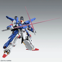 A small Gundam-style mecha figure posed dynamically, with blue, white, and red color blocking and a long red beam-like accessory extending from the right hand, shown against a light gray studio background.