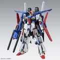 A small collectible model robot/mecha figure with a white body, blue upper body and wings, red lower body accents, and black weapon details, shown against a light gray gradient background.