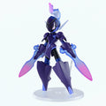 A stylized action figure of a dark blue and purple armored character with glowing blue and pink sword-like accessories, standing on a clear display base against a plain white background.