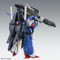 Model kit of a robot with blue, black, and red colors on a gray background