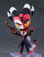 A Nendoroid of Blitzo from Helluva Boss featuring multiple face plates and optional poseable parts like a gun, smartphone, and Grimoire. Comes with stand.