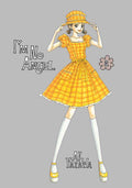 Illustration of a character in a yellow dress and hat with 'I'm No Angel' text and artist's name.