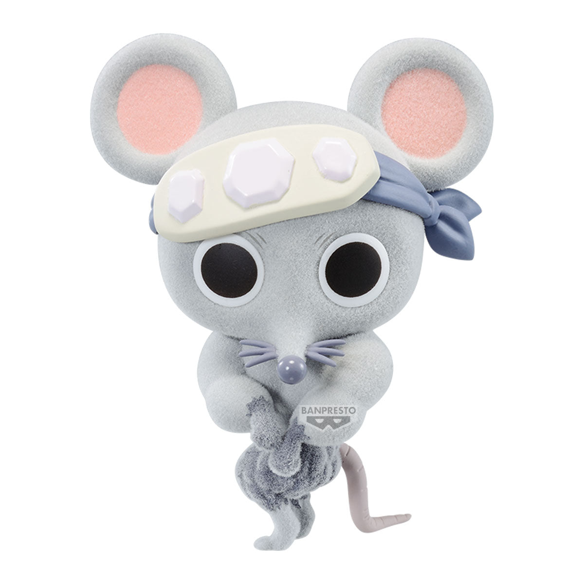 Plush toy of a gray mouse with a white hat and pink ears on a white background