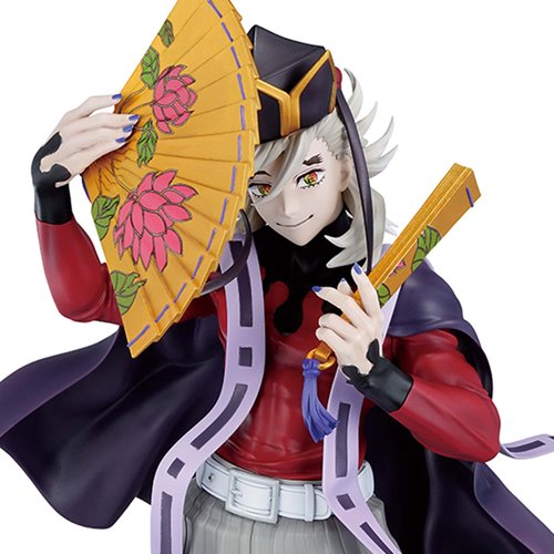 A detailed anime figurine of a character with white hair, holding a yellow folding fan with pink lotus flowers and a wooden sword, dressed in a red and dark purple outfit against a white background.