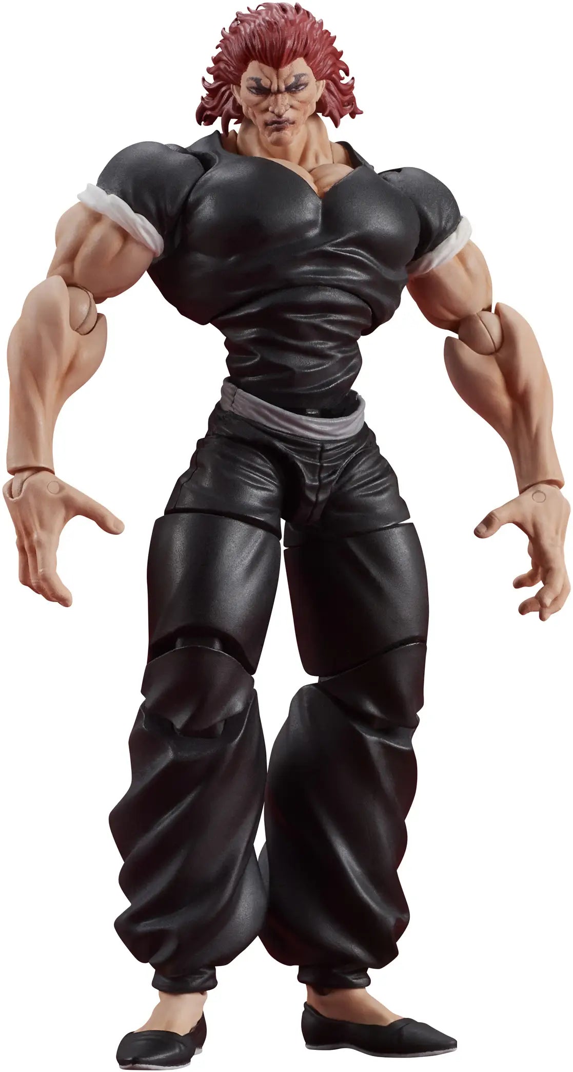 A collectible action figure of a muscular anime character with spiky red hair, wearing a black sleeveless top and black pants, shown against a plain white background.