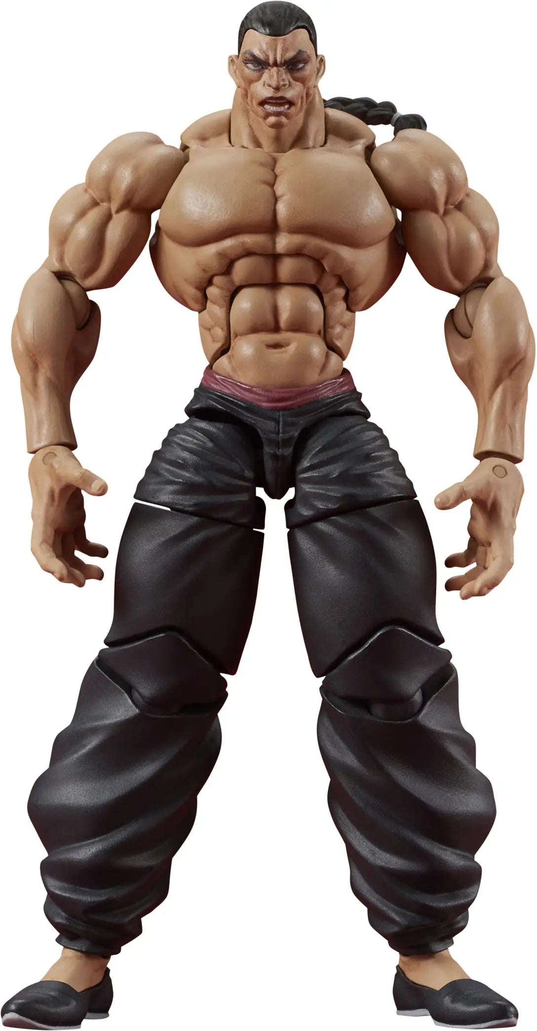 A muscular male action figure with defined abs, arms, and thighs, wearing black pants and black shoes, shown against a plain white background.
