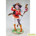 A collectible anime figurine of a female warrior character with pink hair, wearing a red and black outfit, holding a bow, standing on a circular base against a light gray background.