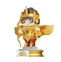 A small blocky figurine of a winged armored character in gold armor, standing on a round display base against a plain white background.