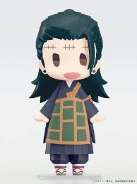 A chibi-style collectible figure of a dark-haired character wearing a green and black outfit, shown against a plain light gray background.