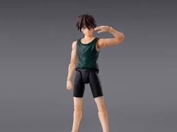 A collectible action figure of a male anime character with dark hair, wearing a dark green tank top and black shorts, posed against a solid gray studio background.