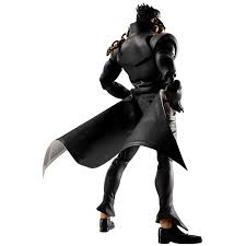 A JoJo's Bizarre Adventure action figure of Jotaro Kuzo in a dynamic pose, wearing his signature black coat, green shirt, and black pants, set against a plain light gray background.