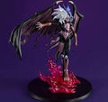 A collectible anime figurine of a dark-haired female character with large black wings, posed over a glowing red base on a round black stand against a purple background.
