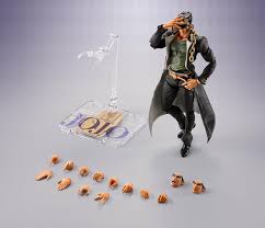 A JoJo's Bizarre Adventure action figure of Jotaro Kuzo in a dynamic pose, wearing his signature black coat, green shirt, and black pants, set against a plain light gray background.
