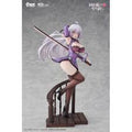 A collectible anime figurine of a female character with long silver-white hair, wearing a purple and white outfit with thigh-high stockings, posed on a dark wooden platform against a gray studio background.