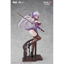 A collectible anime figurine of a female character with long silver-white hair, wearing a purple and white outfit with thigh-high stockings, posed on a dark wooden platform against a gray studio background.