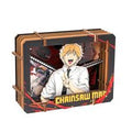 A rectangular metal tin featuring Chainsaw Man anime artwork, with illustrated chainsaws wrapped around the sides and the title 'CHAINSAW MAN' printed on the front.
