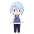 A chibi anime-style figurine or plush character with short light blue hair, wearing a dark blue sweater vest over a white collared shirt and dark navy pants, shown against a plain white background.