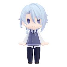 A chibi anime-style figurine or plush character with short light blue hair, wearing a dark blue sweater vest over a white collared shirt and dark navy pants, shown against a plain white background.