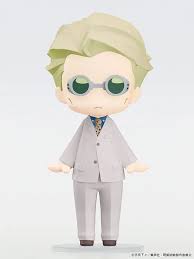 A chibi-style collectible figurine of a man with light green hair and round green-tinted glasses, wearing a light gray suit. The figure is shown against a clean, light gray gradient background.