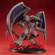 Fantasy dragon figurine with purple wings and red base on a red background