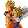 A collectible action figure of two Super Saiyan Gohan characters from Dragon Ball Z in a dynamic fighting pose, featuring detailed sculpting, blonde hair, and signature orange, purple, and white clothing against a plain white background.