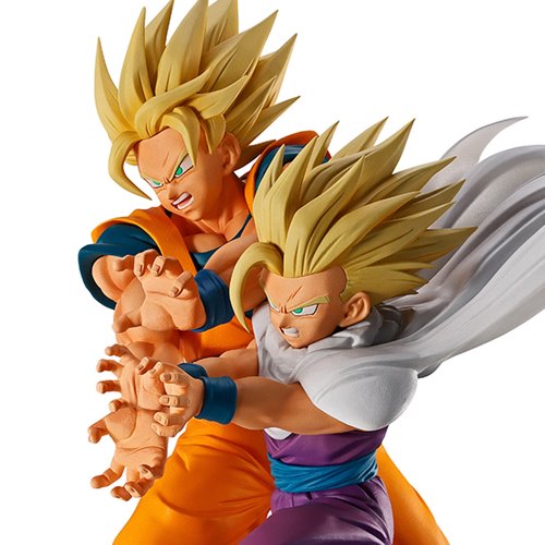 A collectible action figure of two Super Saiyan Gohan characters from Dragon Ball Z in a dynamic fighting pose, featuring detailed sculpting, blonde hair, and signature orange, purple, and white clothing against a plain white background.