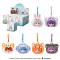 Six plush character keychain bags from the anime Frieren. The characters include a white bunny with pink ears, a purple-haired girl in a cat hood, a fox with orange fur, a blue-haired girl in a sheep hood, a cat with orange fur, and a dark gray bear with pink hair.
