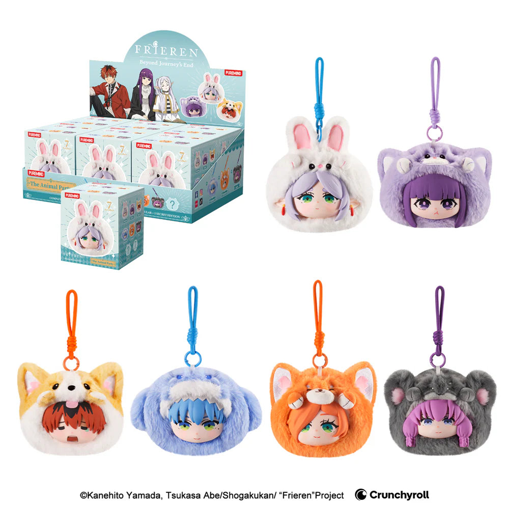Six plush character keychain bags from the anime Frieren. The characters include a white bunny with pink ears, a purple-haired girl in a cat hood, a fox with orange fur, a blue-haired girl in a sheep hood, a cat with orange fur, and a dark gray bear with pink hair.