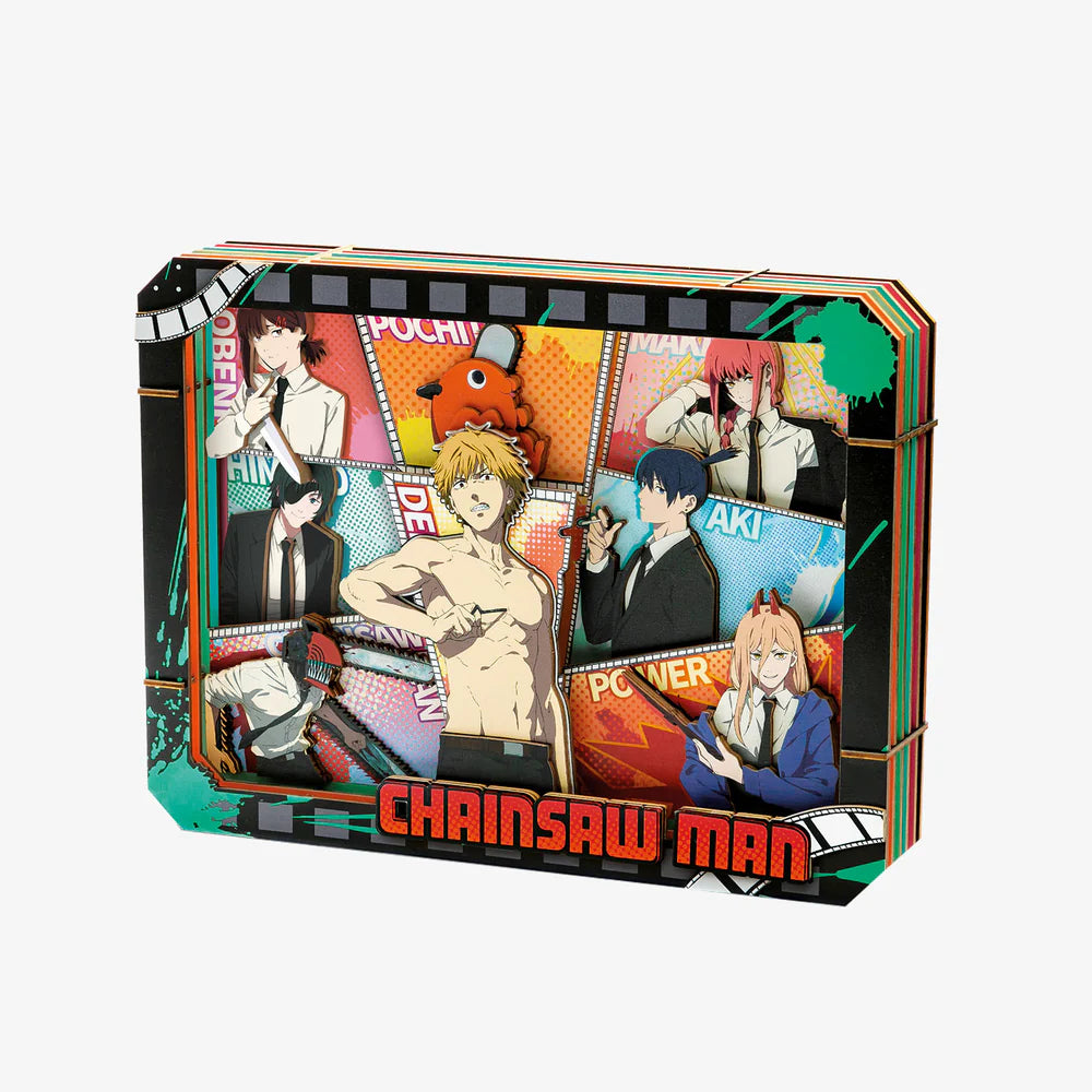 A wooden fallery frame with 8 of the main characters from Chainsaw Man.