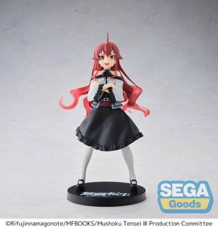 A collectible anime figurine of a female character with long red hair, wearing a black and white outfit with a black pleated skirt, standing on a black display base. The SEGA Goods logo is visible in the bottom right corner.