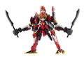 Action figure with red and black armor holding weapons on a white background